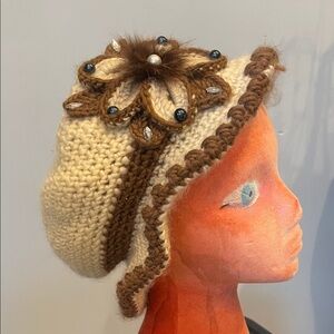 Crocheted Cream and Brown Knit Hat